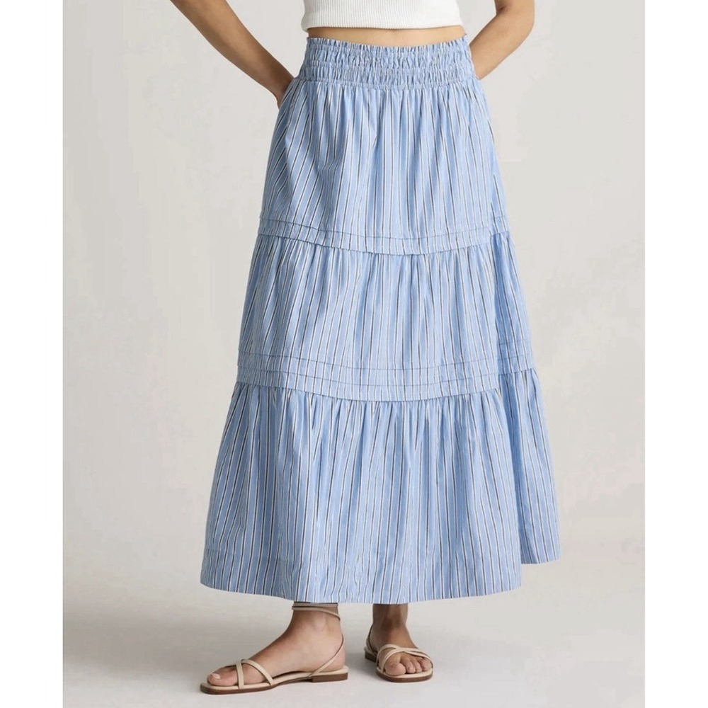 Quince 100% organic cotton poplin tiered Maxi skirt Blue Tribeca Stripe Sz L NWT